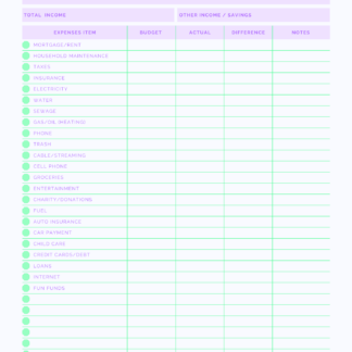 Monthly Budget Worksheet