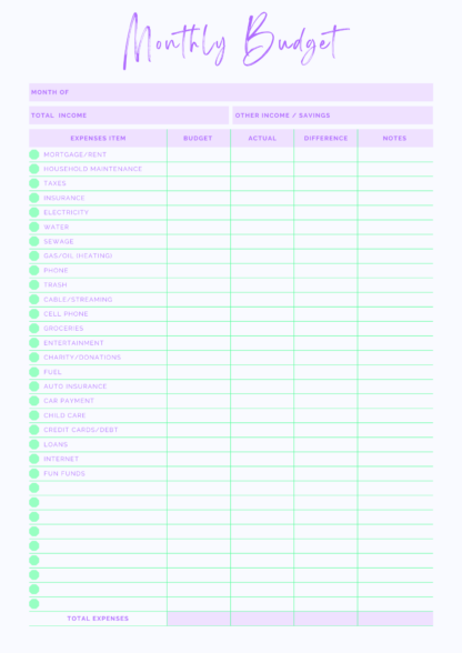 Monthly Budget Worksheet